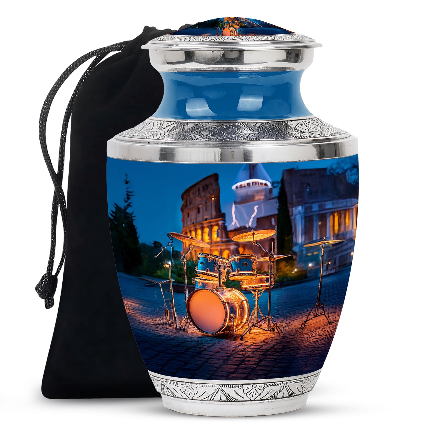 Sapphire Blue Drums Cremation Urn side profile showing urn shape - stylized abstract drums pattern with bold lines - full-size 10 inch 200 cubic inch adult cremation urn