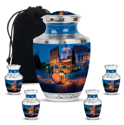 Pastel Blue Drums Cremation Urn lifestyle display on memorial shelf - contemporary drums design with modern artistic flair - memorial set with one large and four small urns