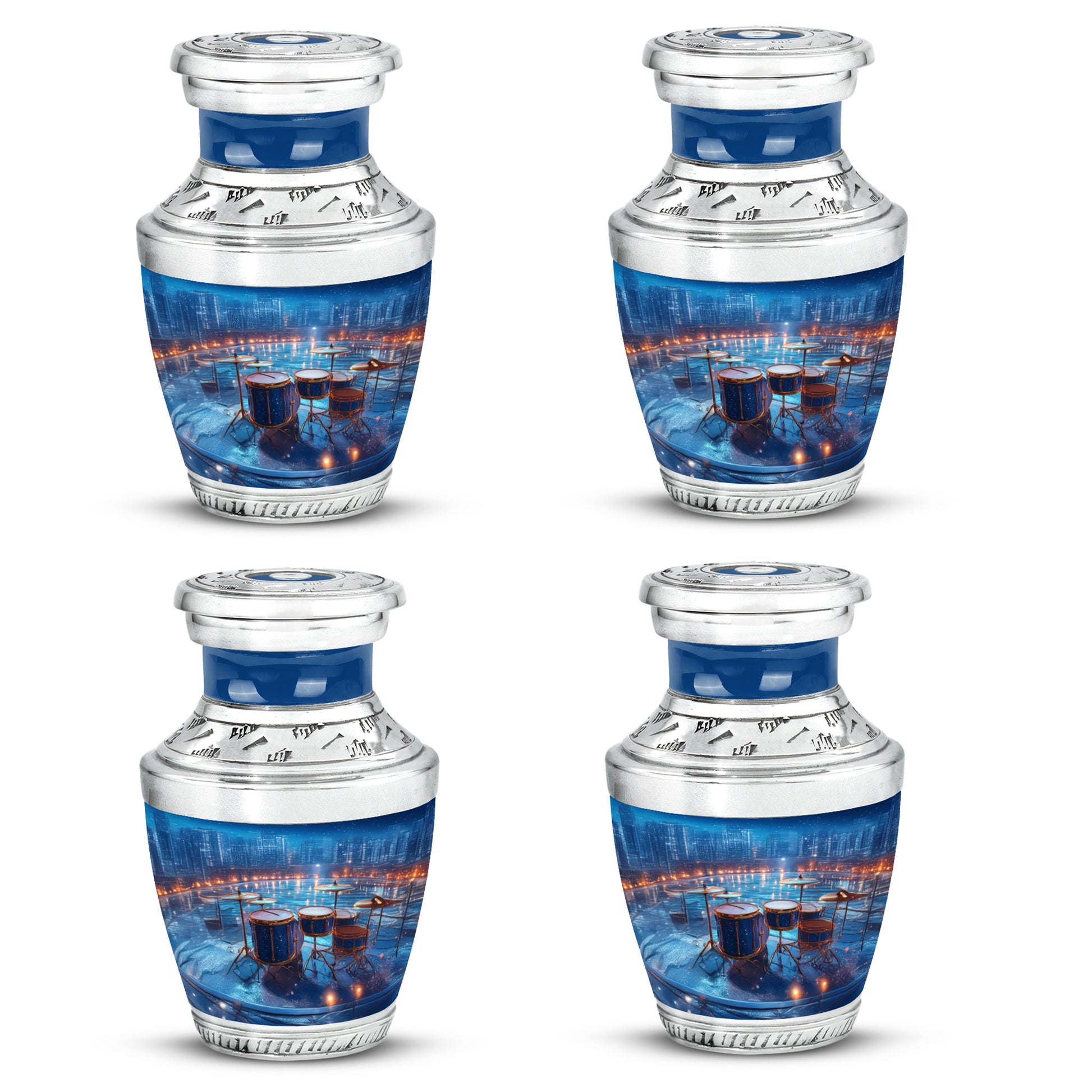 Azure Drums Cremation Urn back view with polished surface - modern art-inspired drums motif on sleek aluminum - 10 inch aluminum urn for cremated remains