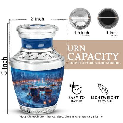 Icy Blue Drums Cremation Urn top-down view of secure threaded lid - contemporary drums design with modern artistic flair - mini keepsake memorial for portion of cremation ashes