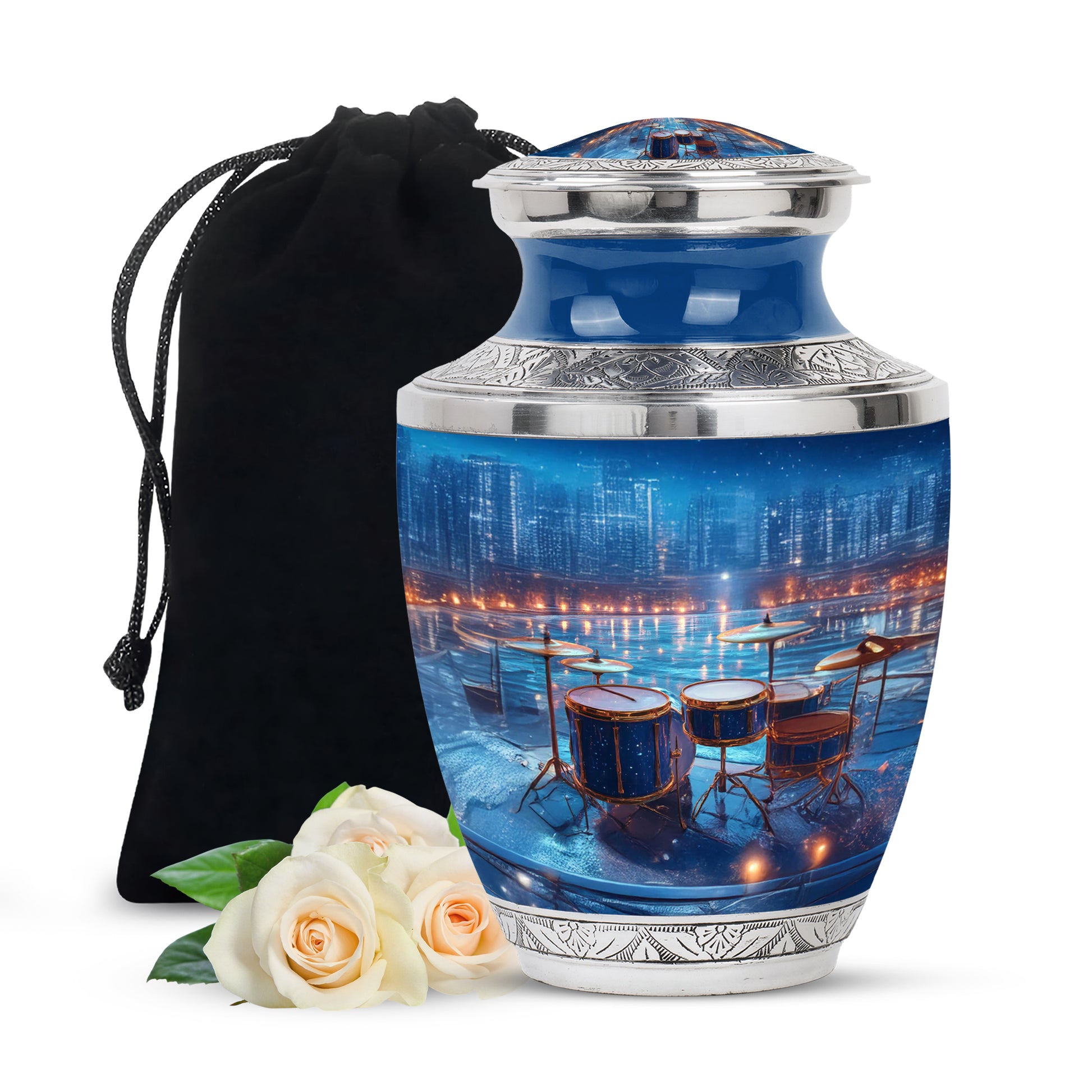 Pastel Blue Drums Cremation Urn side profile showing urn shape - modern art-inspired drums motif on sleek aluminum - full-size 10 inch 200 cubic inch adult cremation urn