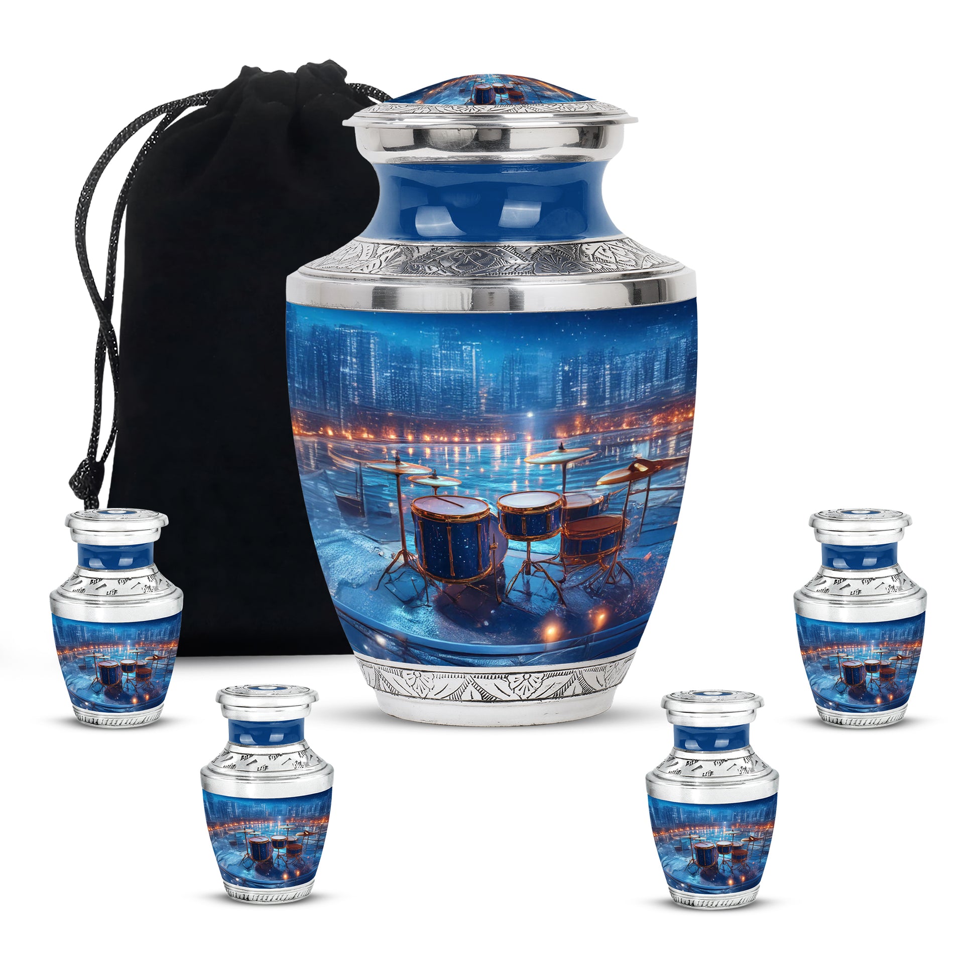 Bright Blue Drums Cremation Urn lifestyle display on memorial shelf - artistic drums interpretation with creative detail - memorial set with one large and four small urns