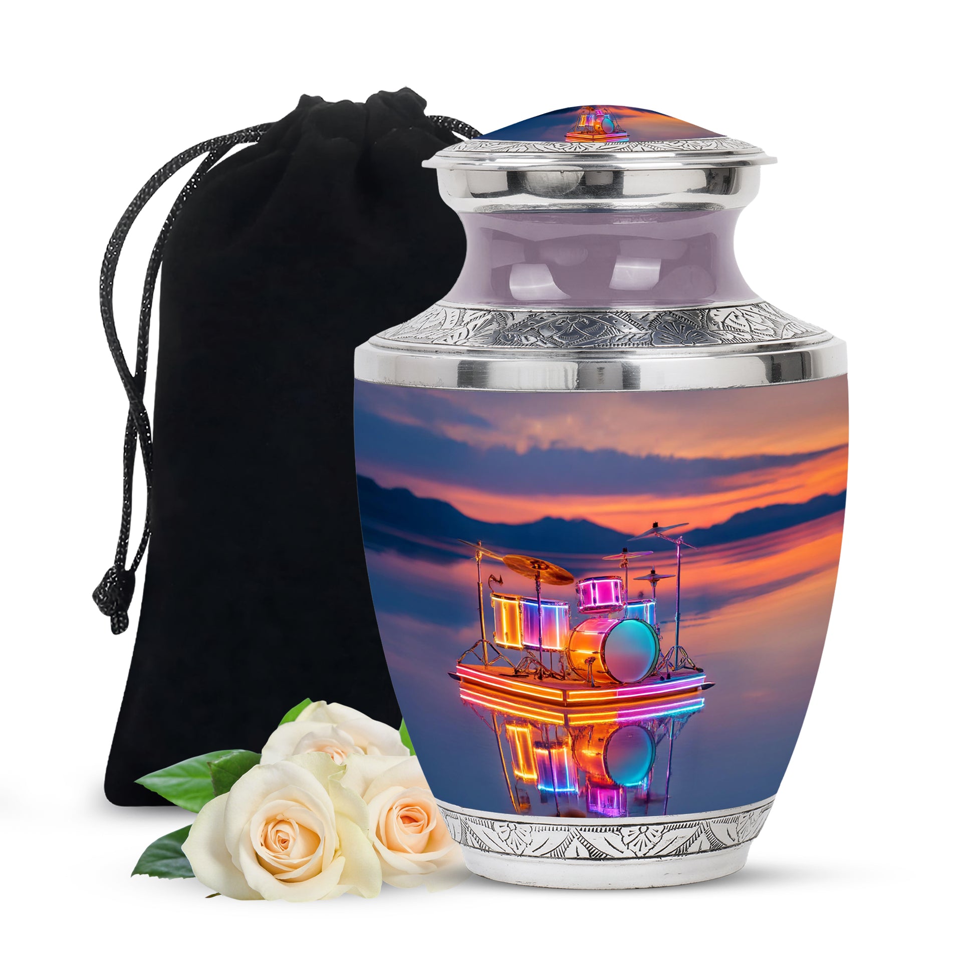 Soft Pink Drums Cremation Urn side profile showing urn shape - stylized abstract drums pattern with bold lines - full-size 10 inch 200 cubic inch adult cremation urn