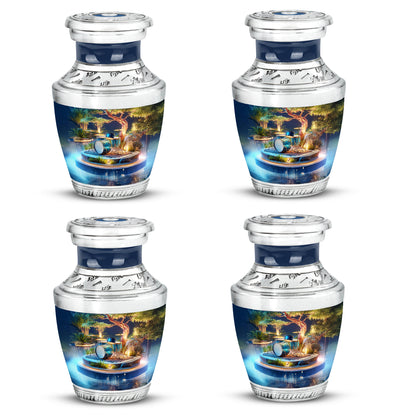 Gilded Gold Drums Cremation Urn back view with polished surface - contemporary drums design with modern artistic flair - 10 inch aluminum urn for cremated remains