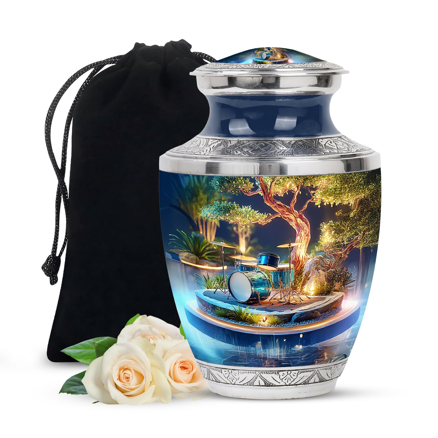 Champagne Gold Drums Cremation Urn side profile showing urn shape - modern art-inspired drums motif on sleek aluminum - full-size 10 inch 200 cubic inch adult cremation urn