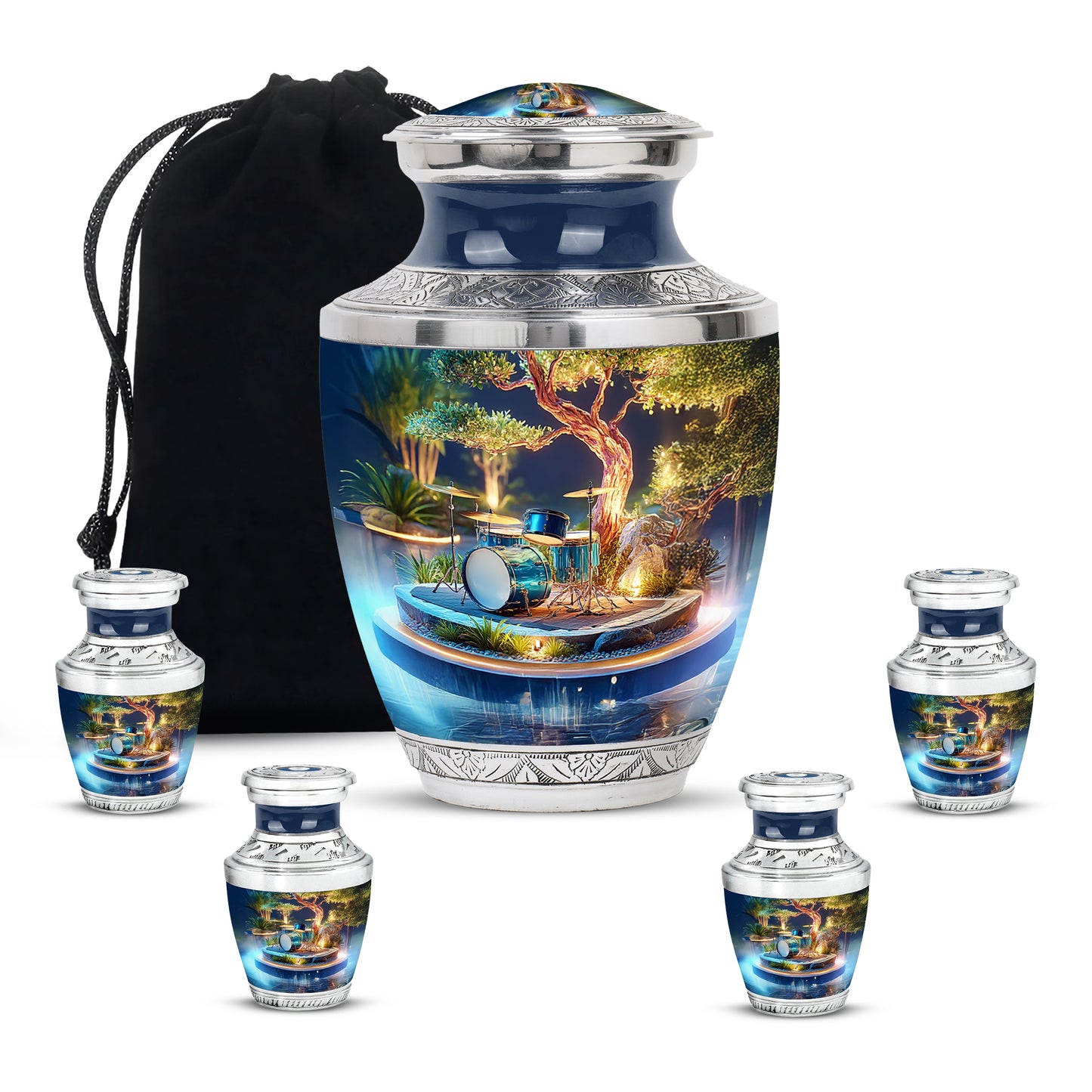 Warm Gold Drums Cremation Urn lifestyle display on memorial shelf - artistic drums interpretation with creative detail - memorial set with one large and four small urns
