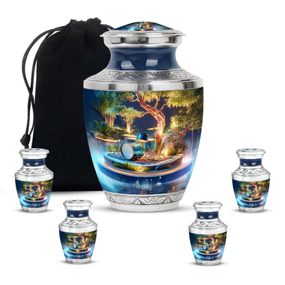 Warm Gold Drums Cremation Urn lifestyle display on memorial shelf - artistic drums interpretation with creative detail - memorial set with one large and four small urns