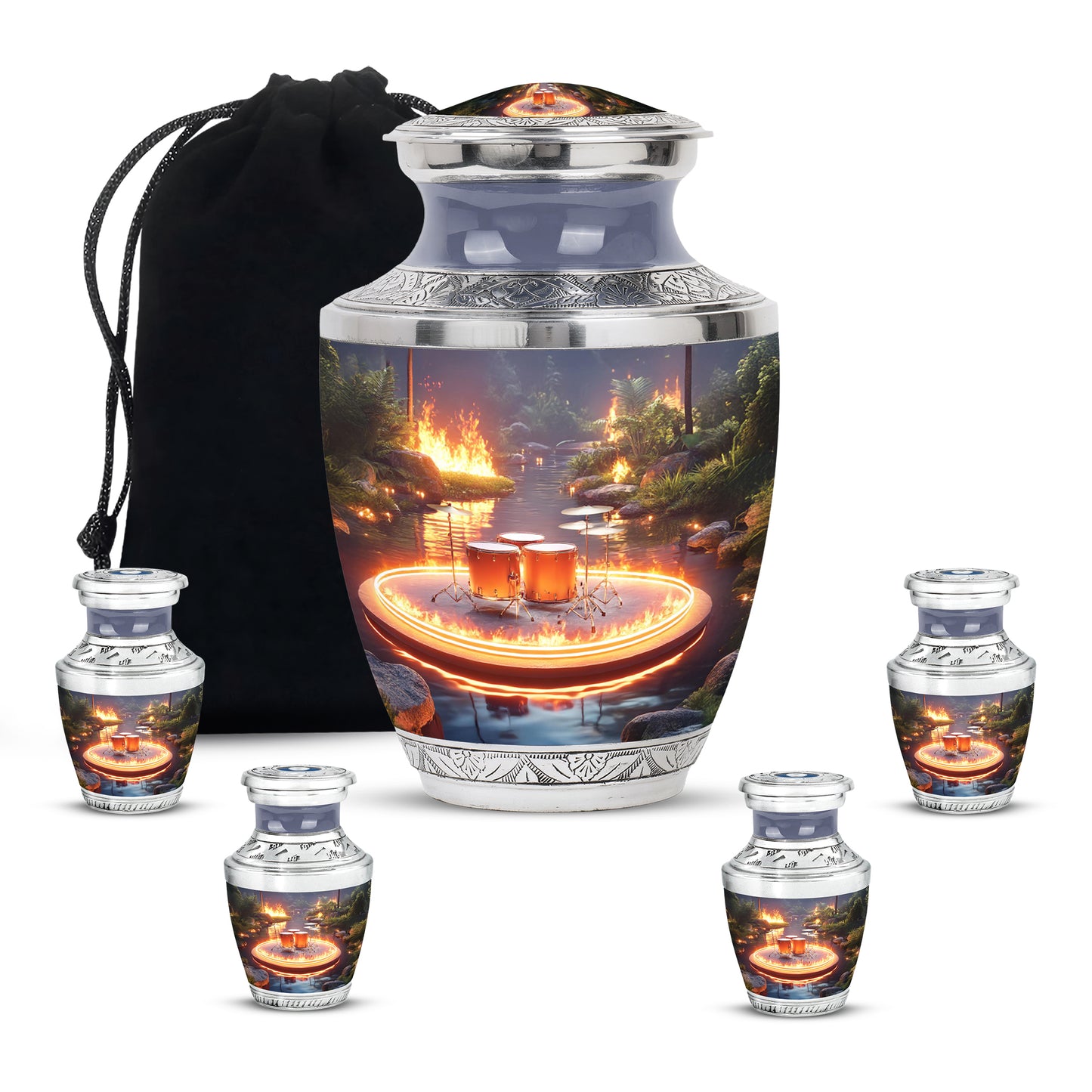 Slate Gray Drums Cremation Urn lifestyle display on memorial shelf - stylized abstract drums pattern with bold lines - memorial set with one large and four small urns