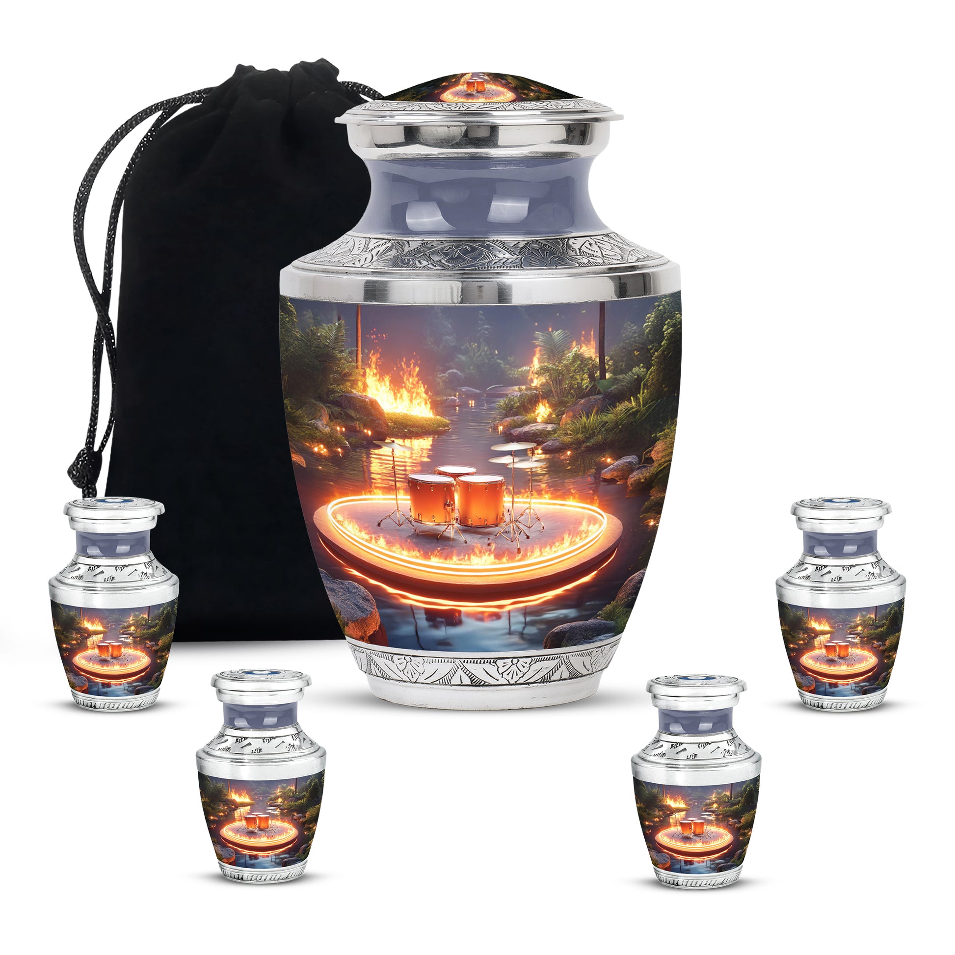 Slate Gray Drums Cremation Urn lifestyle display on memorial shelf - stylized abstract drums pattern with bold lines - memorial set with one large and four small urns