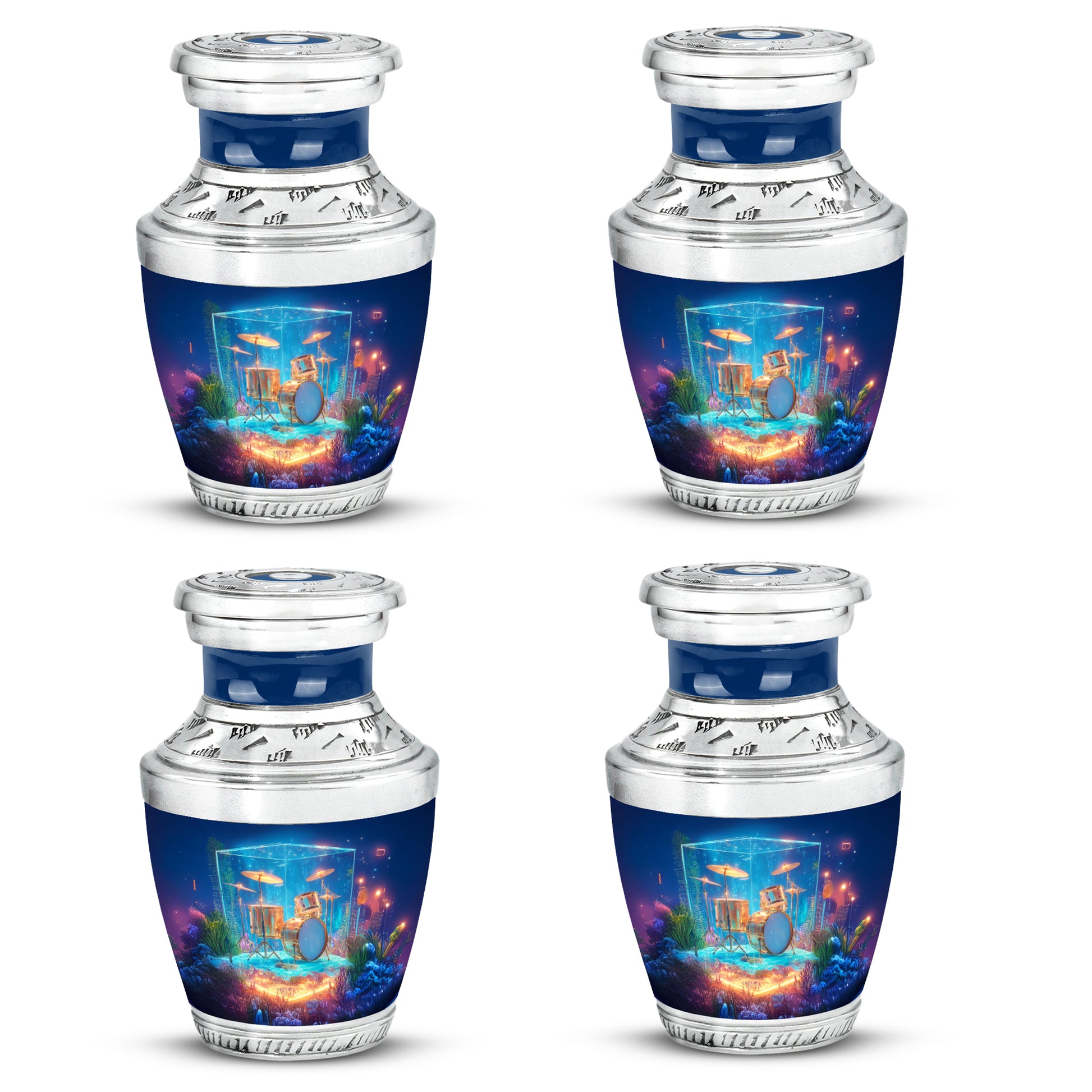 Celestial Blue Drums Cremation Urn back view with polished surface - modern art-inspired drums motif on sleek aluminum - 10 inch aluminum urn for cremated remains