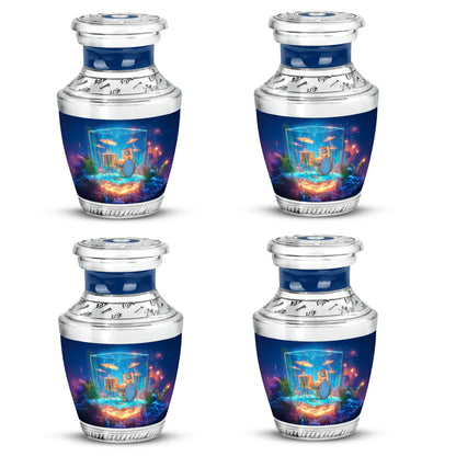 Celestial Blue Drums Cremation Urn back view with polished surface - modern art-inspired drums motif on sleek aluminum - 10 inch aluminum urn for cremated remains