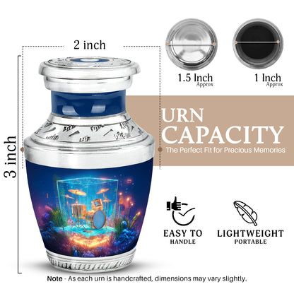 Misty Blue Drums Cremation Urn top-down view of secure threaded lid - contemporary drums design with modern artistic flair - mini keepsake memorial for portion of cremation ashes
