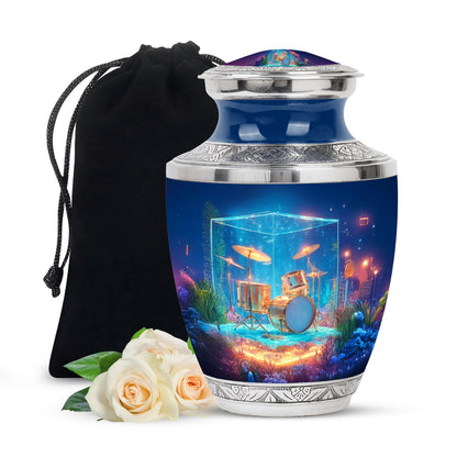 Royal Blue Drums Cremation Urn side profile showing urn shape - stylized abstract drums pattern with bold lines - full-size 10 inch 200 cubic inch adult cremation urn