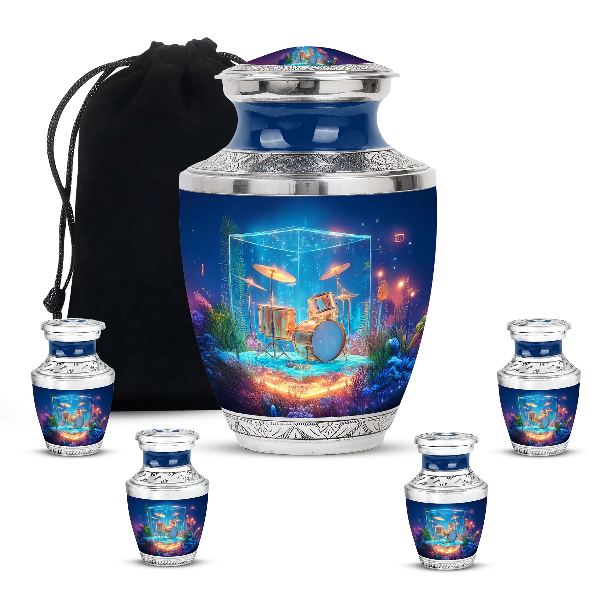 Steel Blue Drums Cremation Urn lifestyle display on memorial shelf - stylized abstract drums pattern with bold lines - memorial set with one large and four small urns