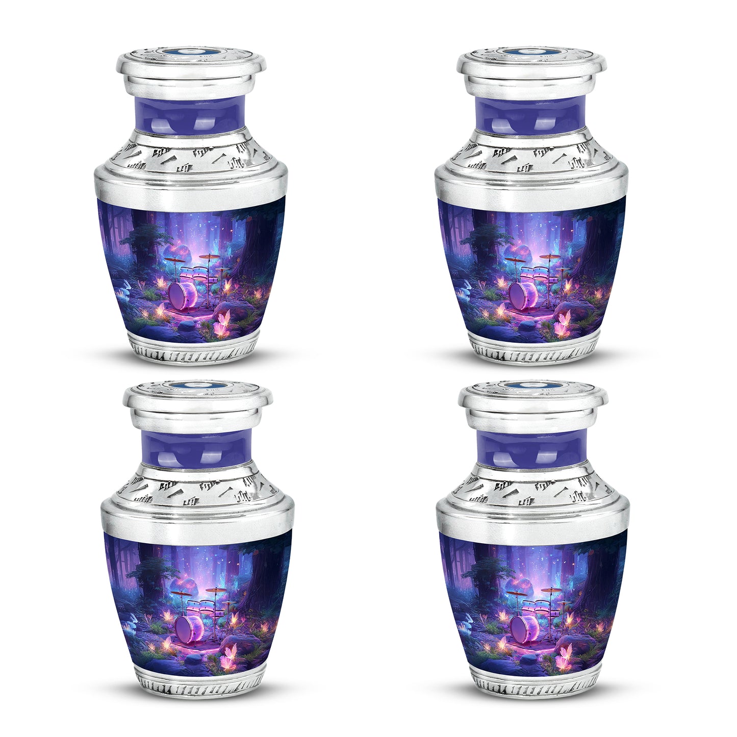 Vivid Blue Drums Cremation Urn back view with polished surface - stylized abstract drums pattern with bold lines - 10 inch aluminum urn for cremated remains