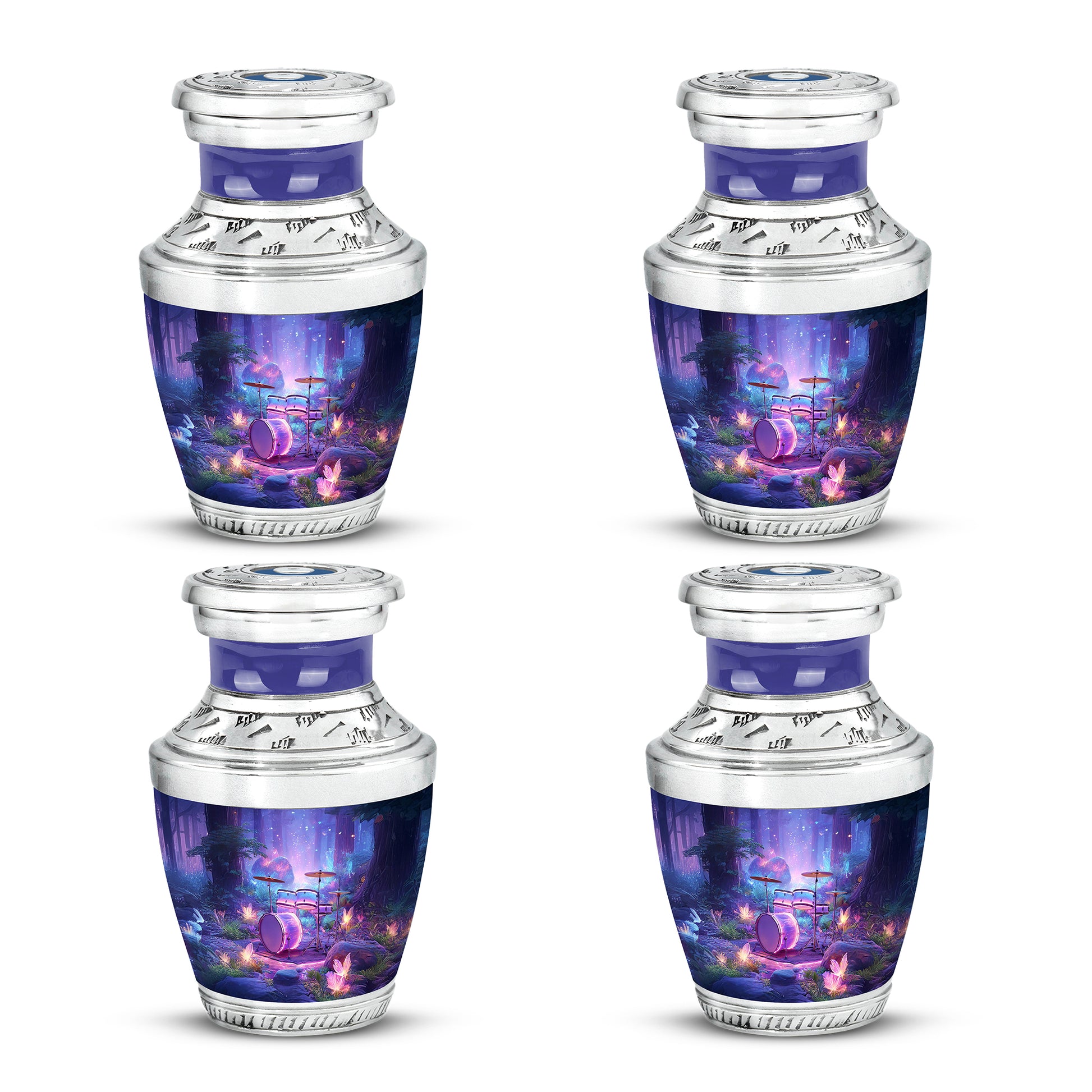 Vivid Blue Drums Cremation Urn back view with polished surface - stylized abstract drums pattern with bold lines - 10 inch aluminum urn for cremated remains