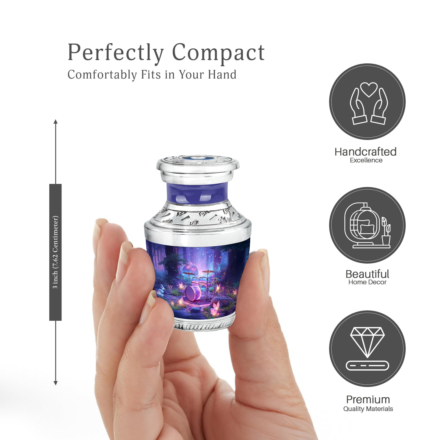 Twilight Blue Drums Cremation Urn top-down view of secure threaded lid - artistic drums interpretation with creative detail - mini keepsake memorial for portion of cremation ashes
