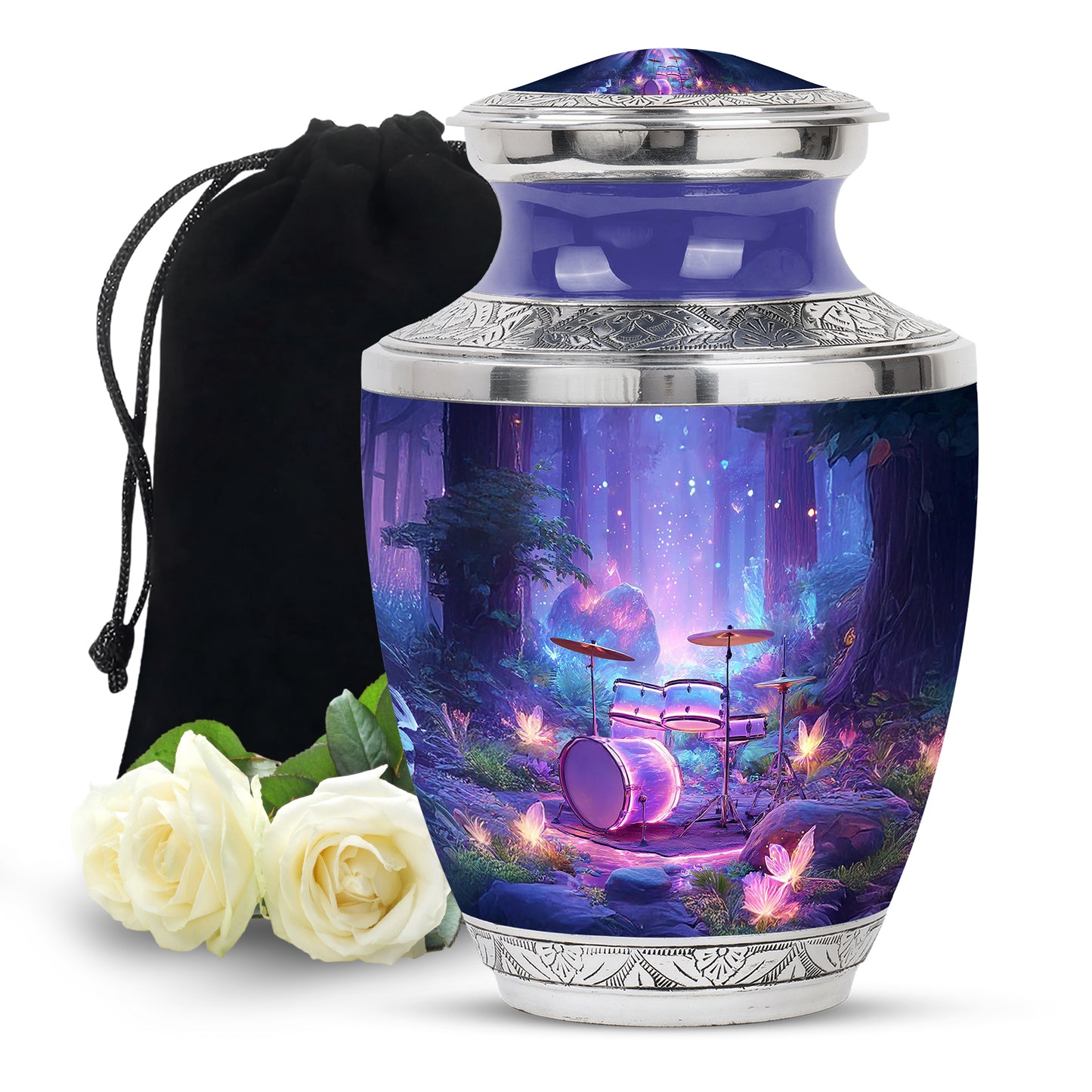 Vivid Blue Drums Cremation Urn side profile showing urn shape - stylized abstract drums pattern with bold lines - full-size 10 inch 200 cubic inch adult cremation urn