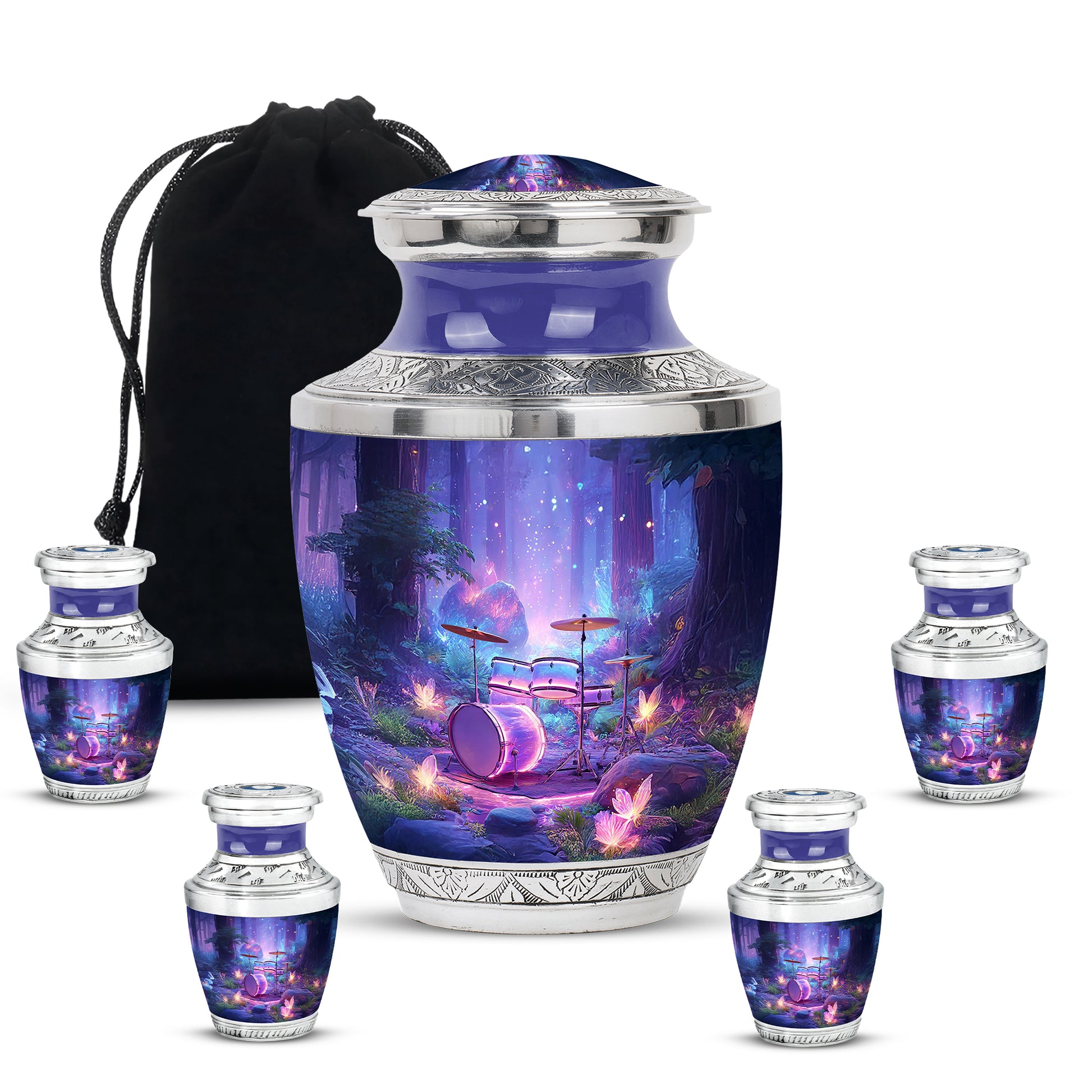 Royal Blue Drums Cremation Urn lifestyle display on memorial shelf - stylized abstract drums pattern with bold lines - memorial set with one large and four small urns
