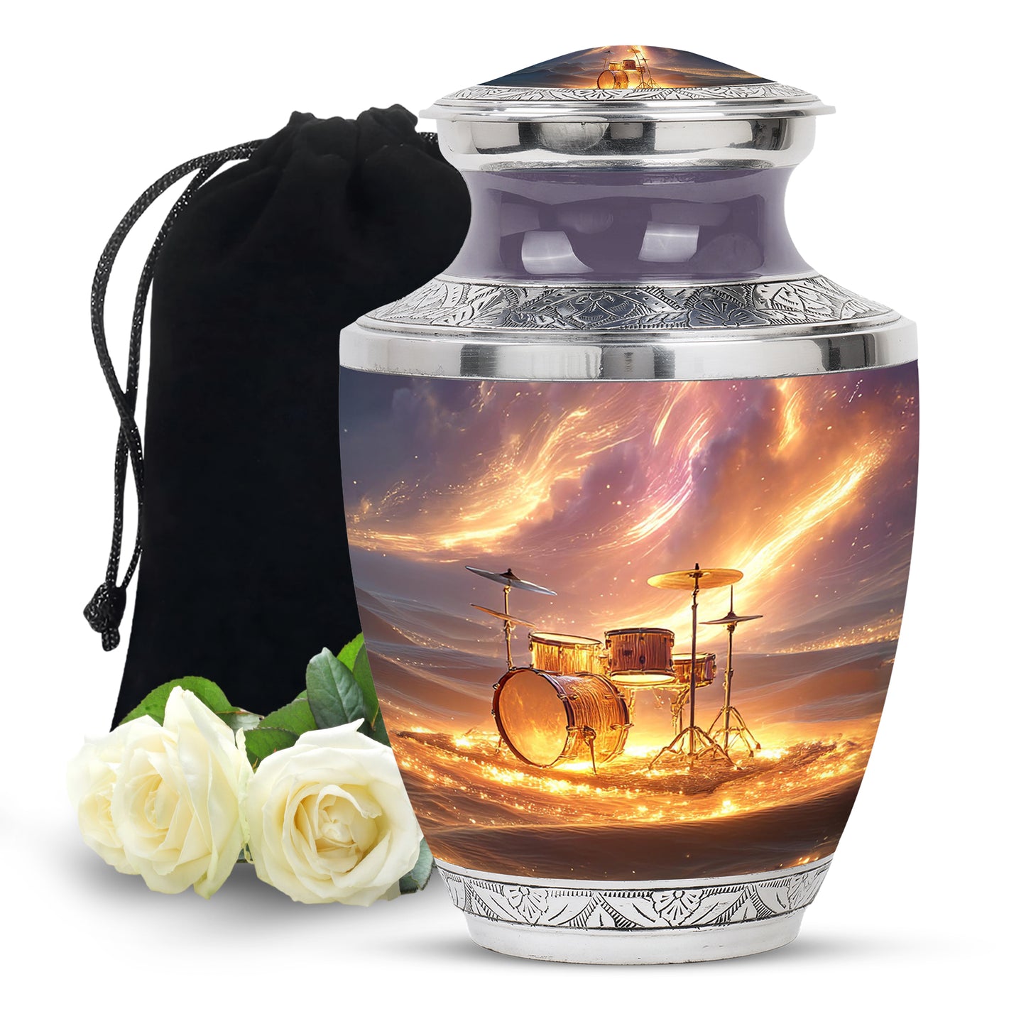 Rich Red Drums Cremation Urn side profile showing urn shape - artistic drums interpretation with creative detail - full-size 10 inch 200 cubic inch adult cremation urn