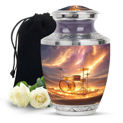 Rich Red Drums Cremation Urn side profile showing urn shape - artistic drums interpretation with creative detail - full-size 10 inch 200 cubic inch adult cremation urn