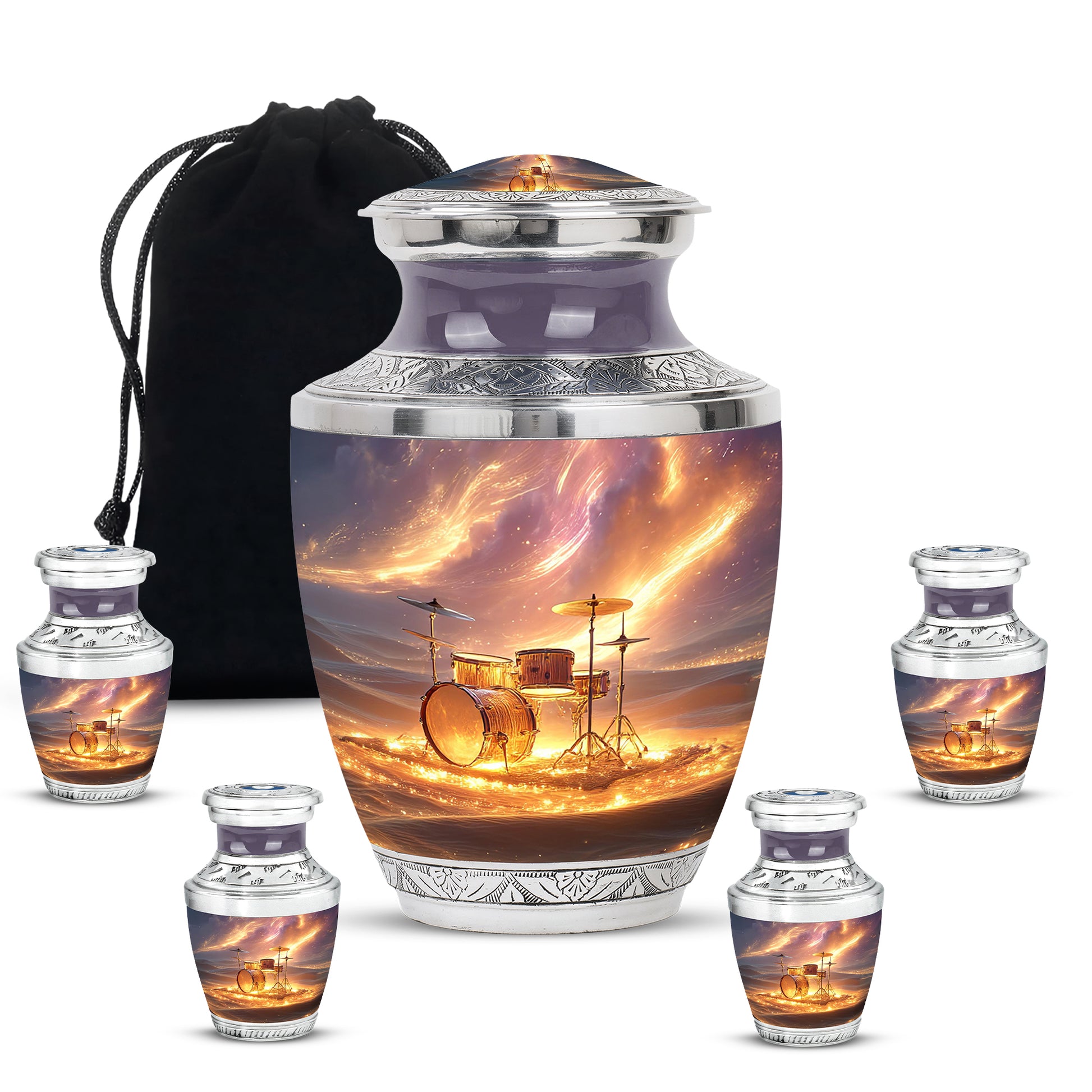 Deep Red Drums Cremation Urn lifestyle display on memorial shelf - contemporary drums design with modern artistic flair - memorial set with one large and four small urns