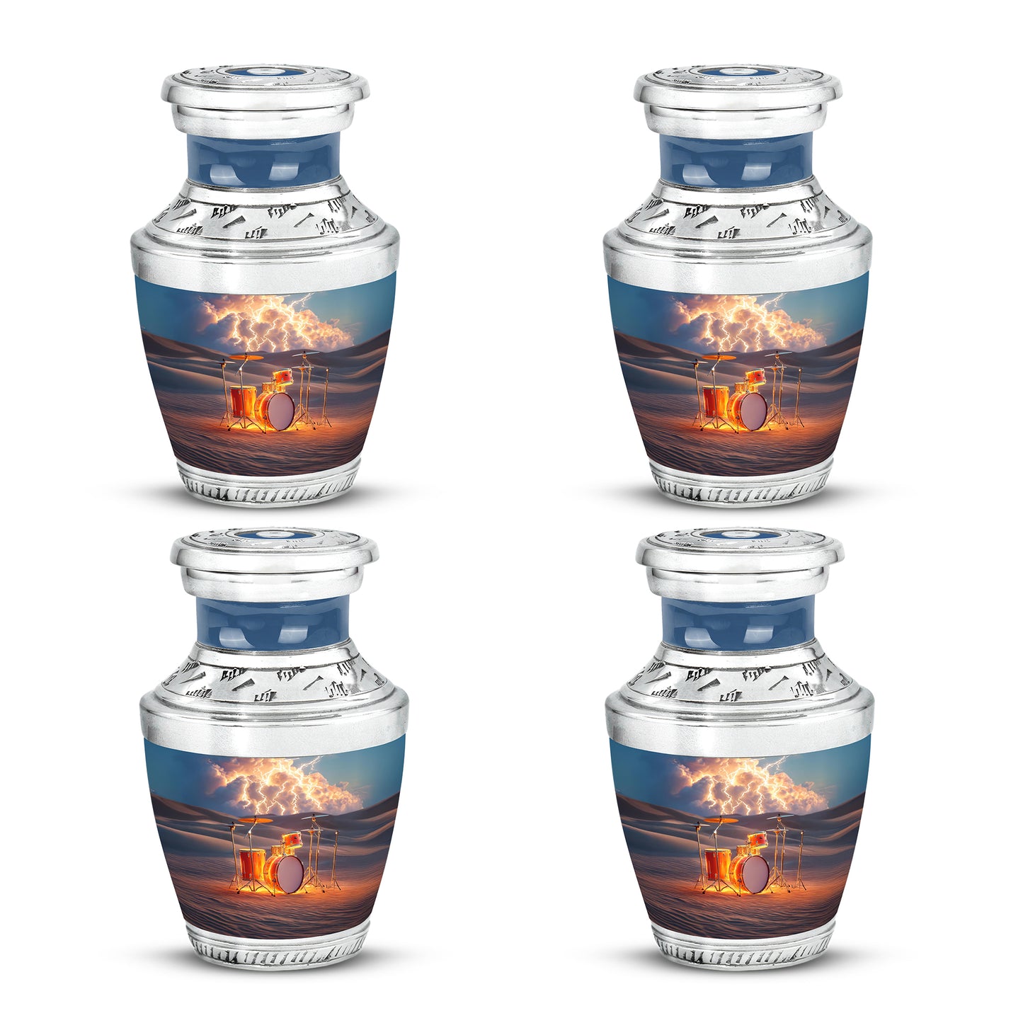 Steel Gray Drums Cremation Urn back view with polished surface - stylized abstract drums pattern with bold lines - 10 inch aluminum urn for cremated remains