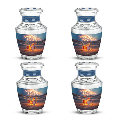 Steel Gray Drums Cremation Urn back view with polished surface - stylized abstract drums pattern with bold lines - 10 inch aluminum urn for cremated remains