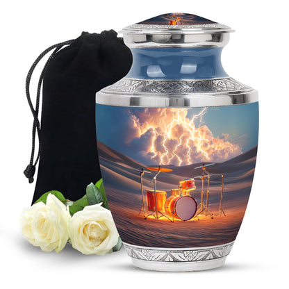 Storm Gray Drums Cremation Urn side profile showing urn shape - artistic drums interpretation with creative detail - full-size 10 inch 200 cubic inch adult cremation urn