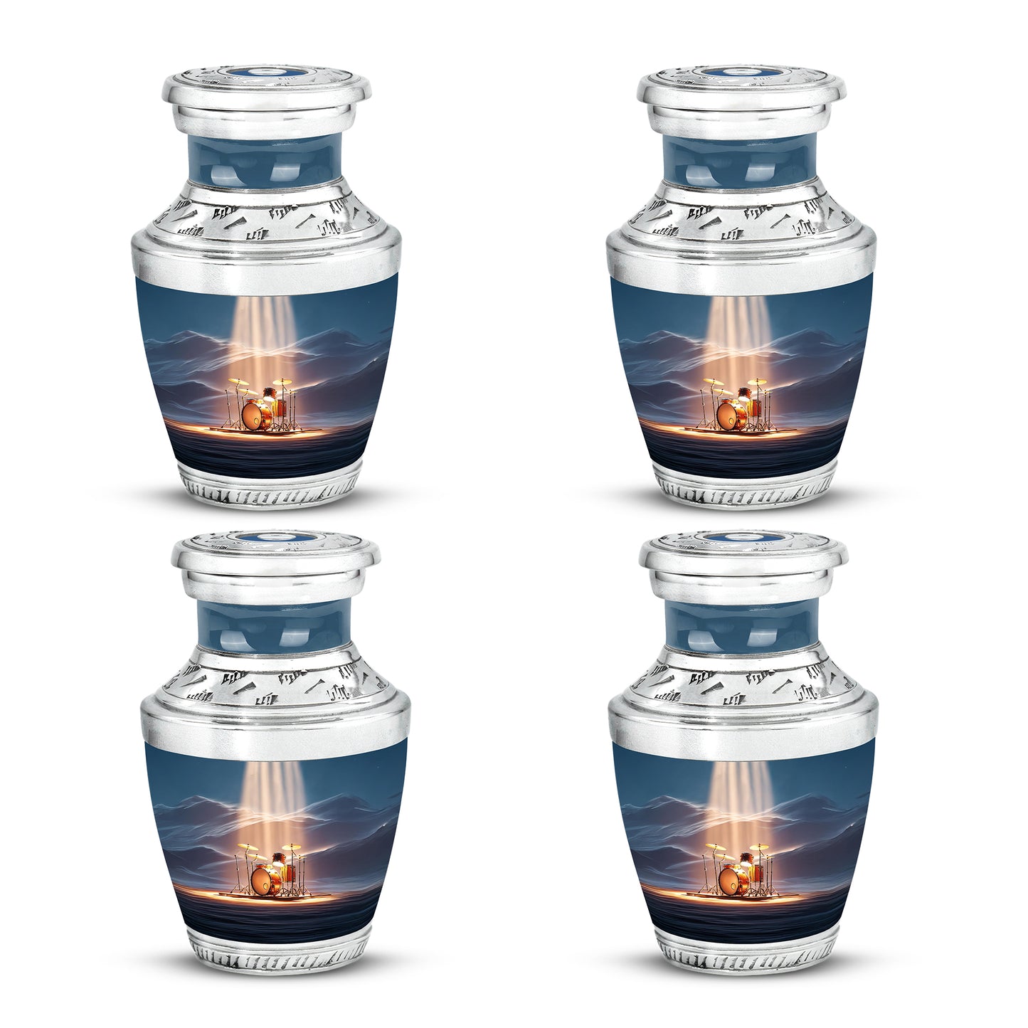 Cobalt Blue Drums Cremation Urn back view with polished surface - artistic drums interpretation with creative detail - 10 inch aluminum urn for cremated remains
