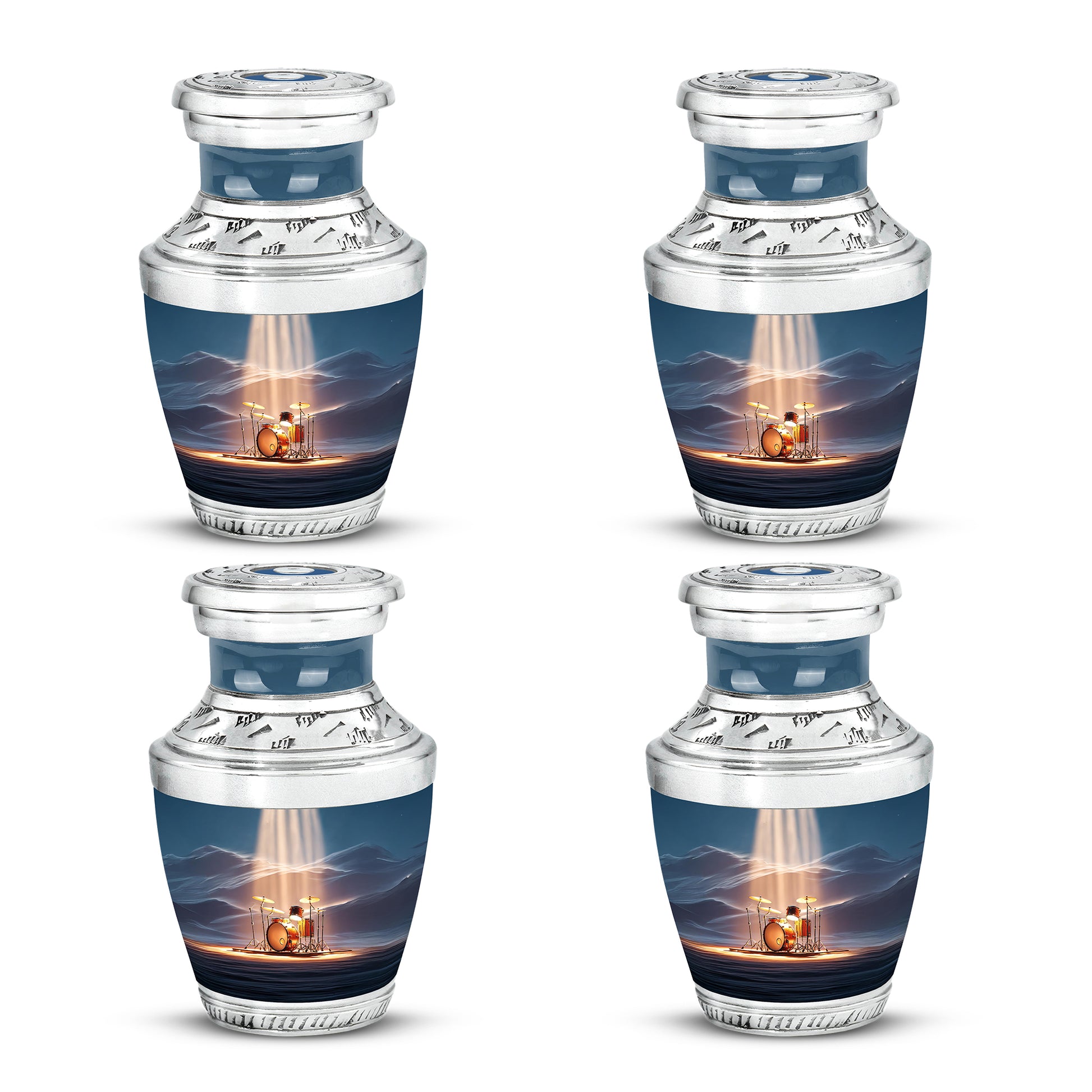 Cobalt Blue Drums Cremation Urn back view with polished surface - artistic drums interpretation with creative detail - 10 inch aluminum urn for cremated remains