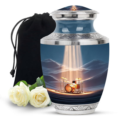 Azure Drums Cremation Urn side profile showing urn shape - modern art-inspired drums motif on sleek aluminum - full-size 10 inch 200 cubic inch adult cremation urn