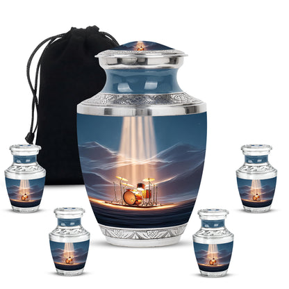 Sapphire Blue Drums Cremation Urn lifestyle display on memorial shelf - artistic drums interpretation with creative detail - memorial set with one large and four small urns