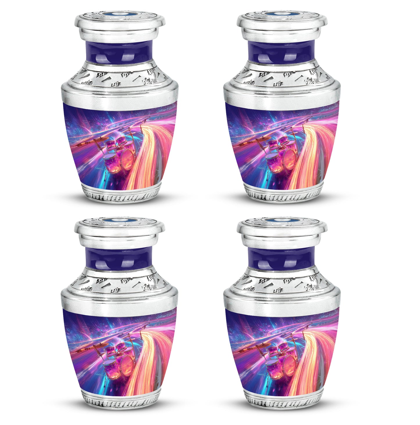 Cobalt Blue Drums Cremation Urn back view with polished surface - artistic drums interpretation with creative detail - 10 inch aluminum urn for cremated remains
