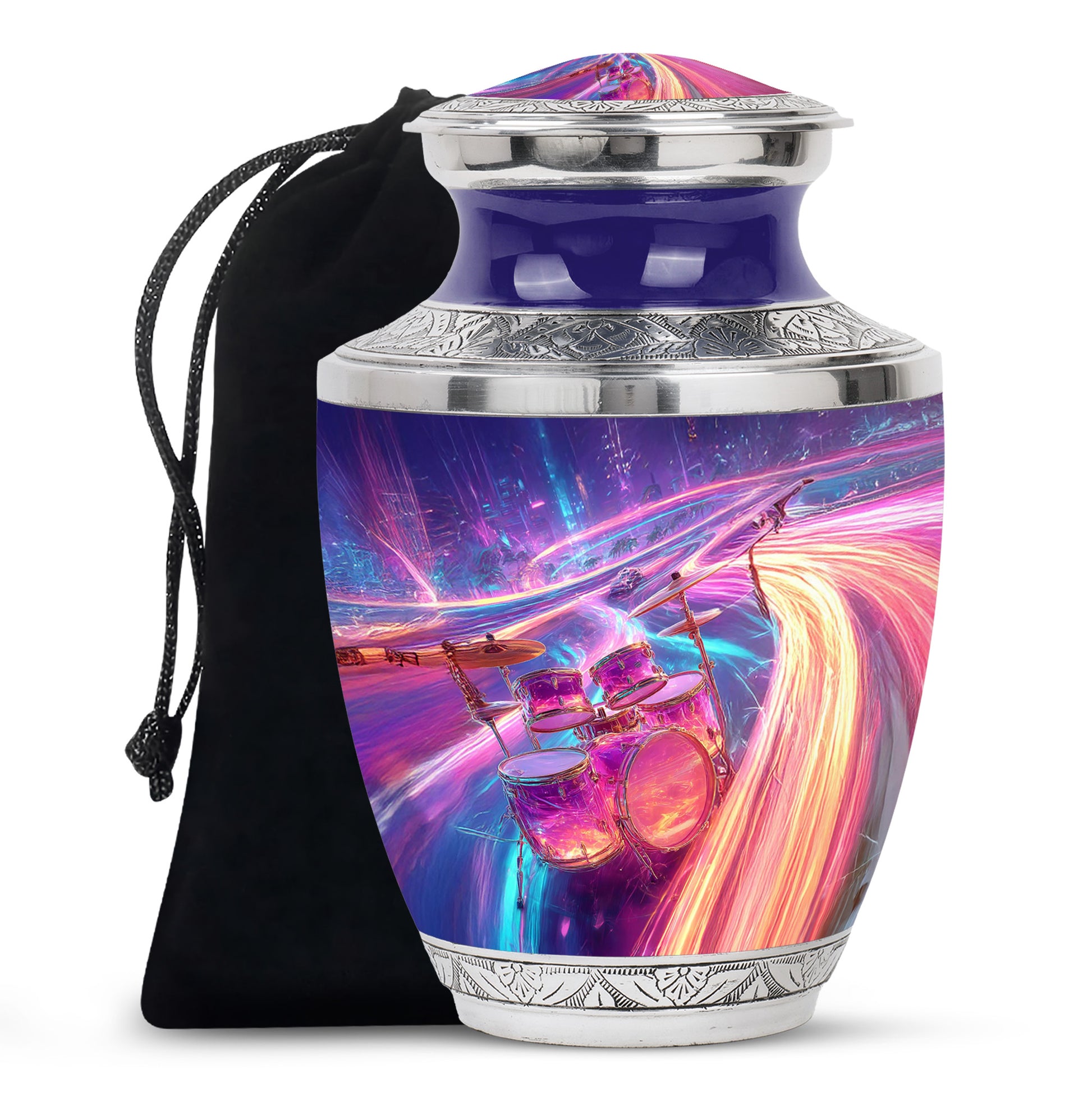 Sky Blue Drums Cremation Urn side profile showing urn shape - modern art-inspired drums motif on sleek aluminum - full-size 10 inch 200 cubic inch adult cremation urn