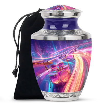 Sky Blue Drums Cremation Urn side profile showing urn shape - modern art-inspired drums motif on sleek aluminum - full-size 10 inch 200 cubic inch adult cremation urn