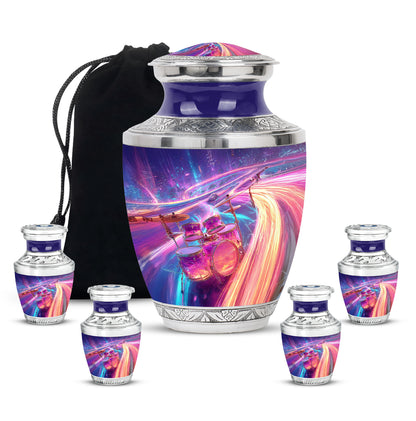 Misty Blue Drums Cremation Urn lifestyle display on memorial shelf - contemporary drums design with modern artistic flair - memorial set with one large and four small urns
