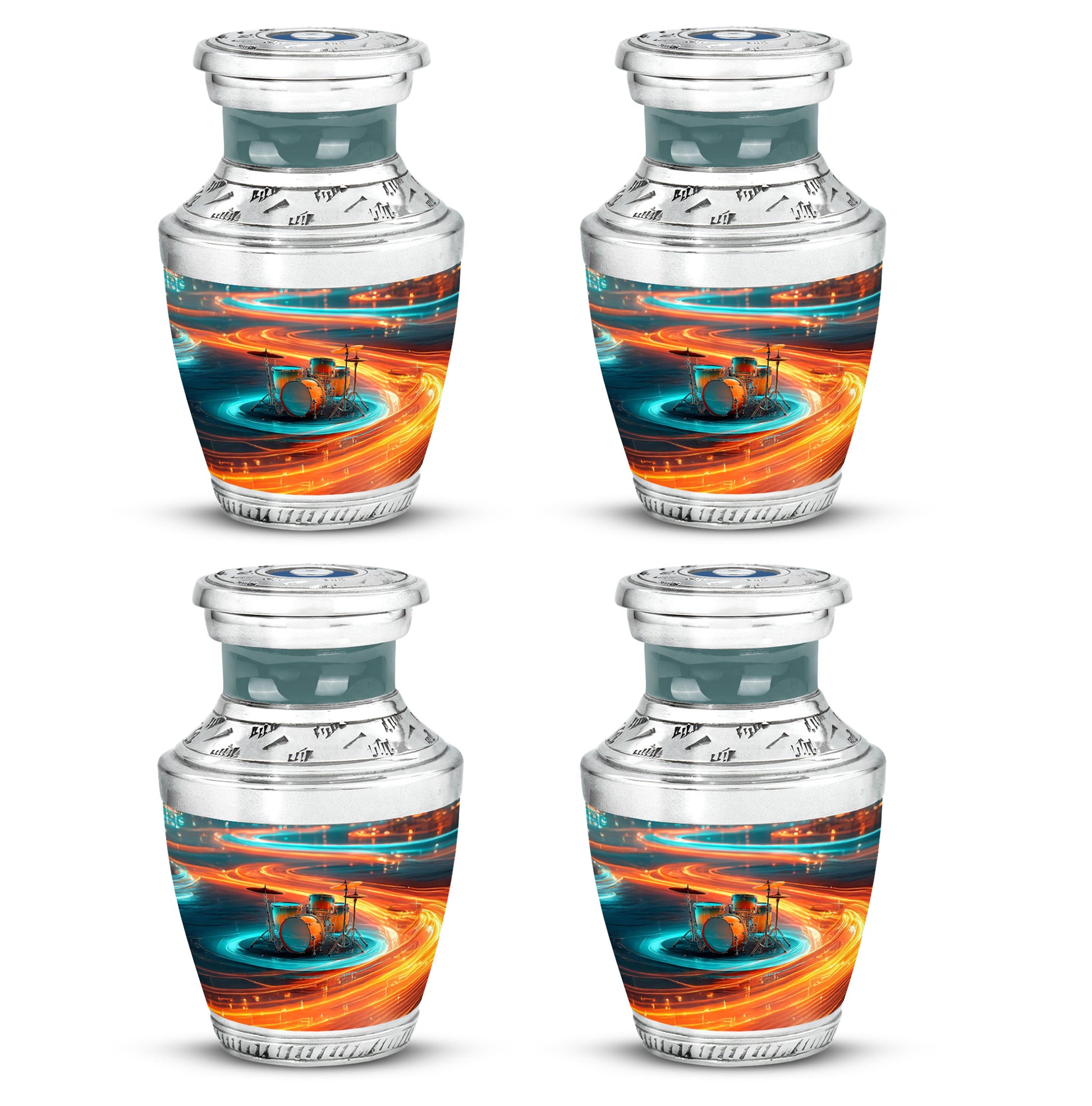 Ash Gray Drums Cremation Urn back view with polished surface - stylized abstract drums pattern with bold lines - 10 inch aluminum urn for cremated remains