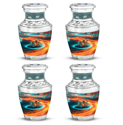 Ash Gray Drums Cremation Urn back view with polished surface - stylized abstract drums pattern with bold lines - 10 inch aluminum urn for cremated remains