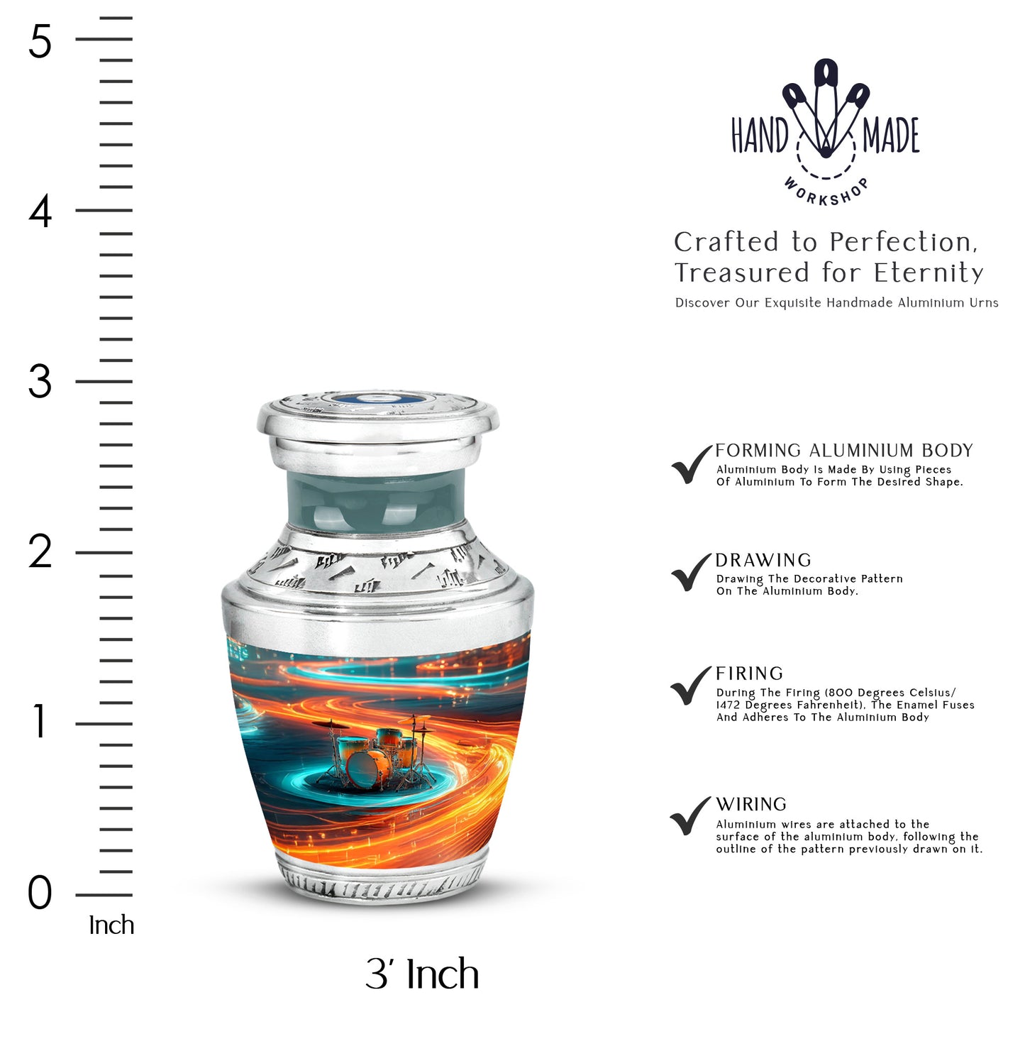 Steel Gray Drums Cremation Urn top-down view of secure threaded lid - stylized abstract drums pattern with bold lines - mini keepsake memorial for portion of cremation ashes