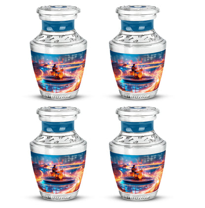 Serene Blue Drums Cremation Urn back view with polished surface - stylized abstract drums pattern with bold lines - 10 inch aluminum urn for cremated remains