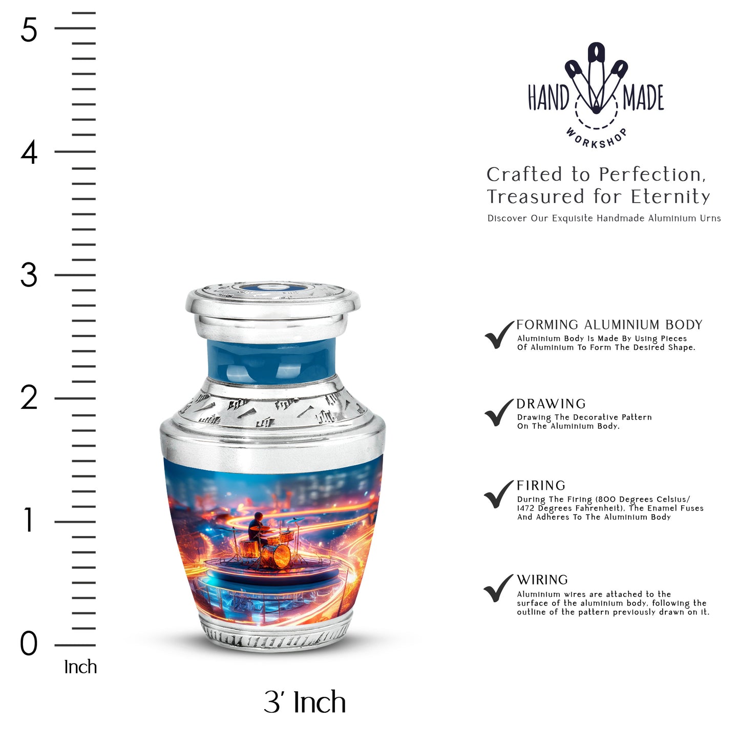 Cobalt Blue Drums Cremation Urn top-down view of secure threaded lid - artistic drums interpretation with creative detail - mini keepsake memorial for portion of cremation ashes