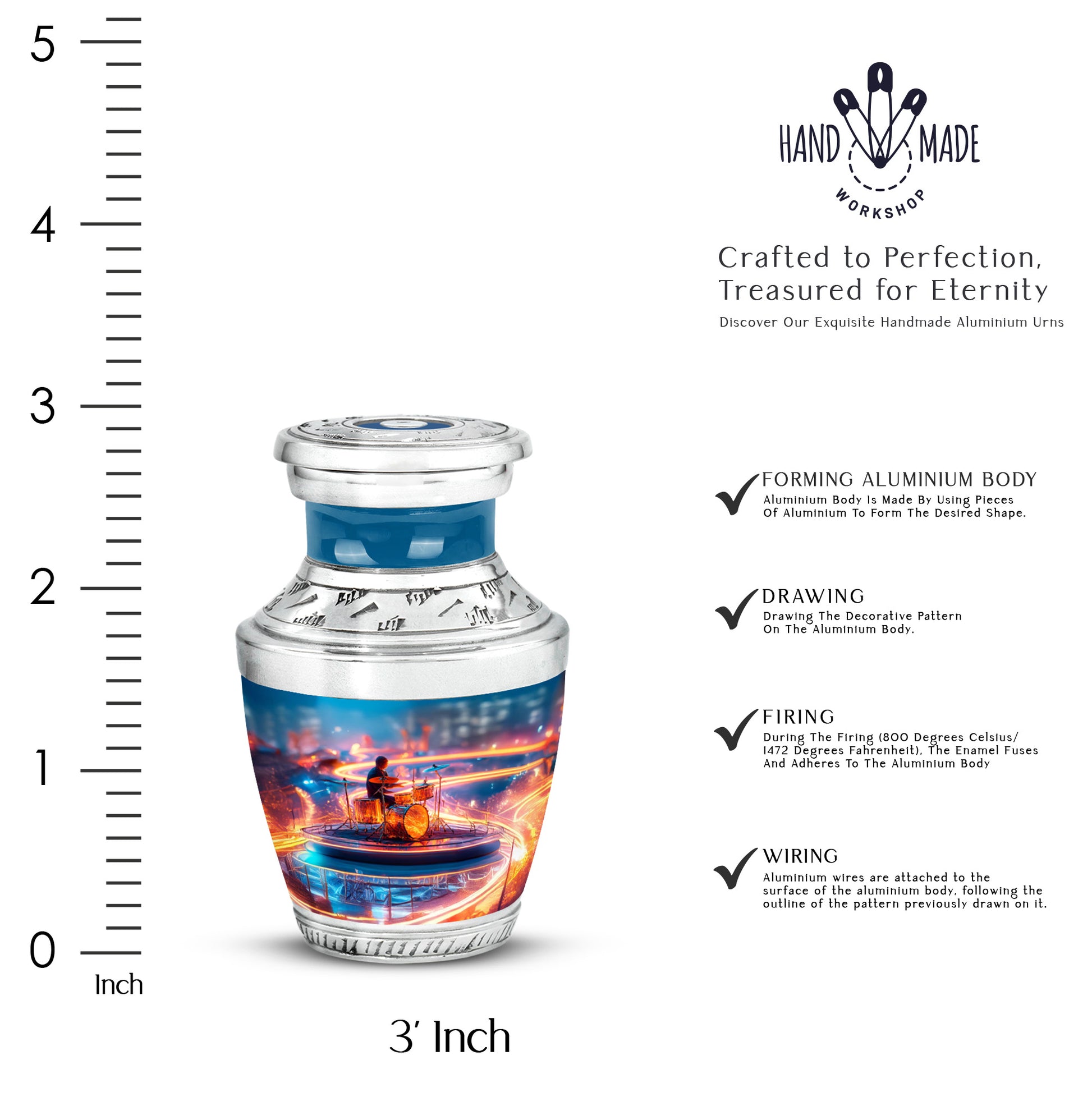 Cobalt Blue Drums Cremation Urn top-down view of secure threaded lid - artistic drums interpretation with creative detail - mini keepsake memorial for portion of cremation ashes