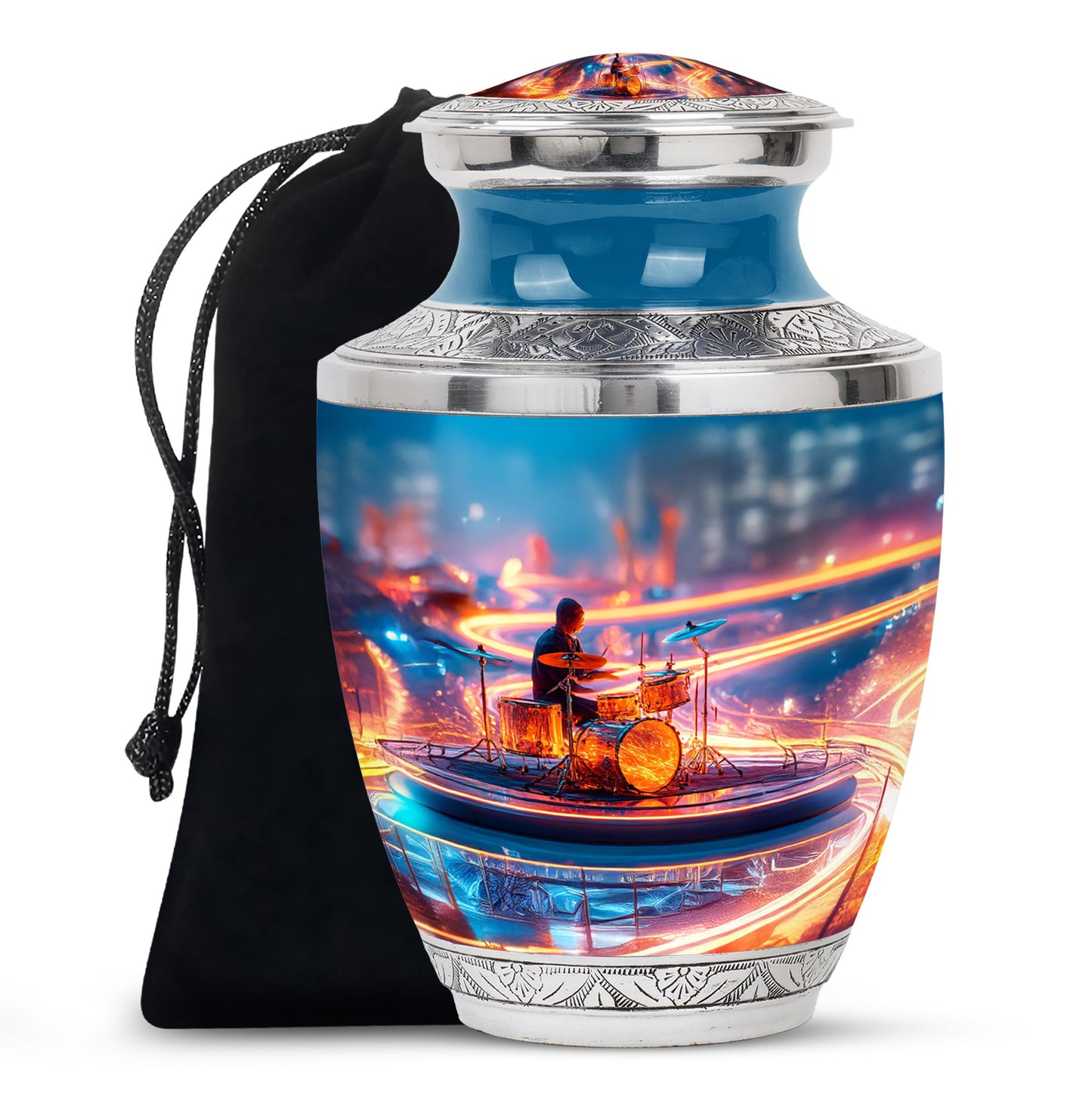 Slate Blue Drums Cremation Urn side profile showing urn shape - contemporary drums design with modern artistic flair - full-size 10 inch 200 cubic inch adult cremation urn