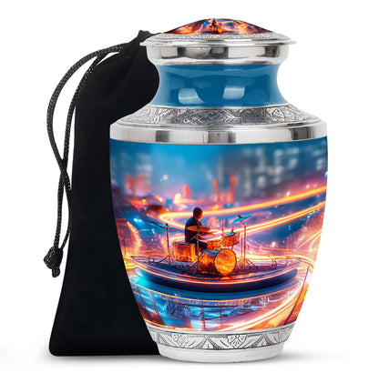 Slate Blue Drums Cremation Urn side profile showing urn shape - contemporary drums design with modern artistic flair - full-size 10 inch 200 cubic inch adult cremation urn