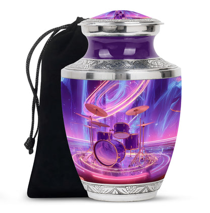 Twilight Purple Drums Cremation Urn side profile showing urn shape - artistic drums interpretation with creative detail - full-size 10 inch 200 cubic inch adult cremation urn