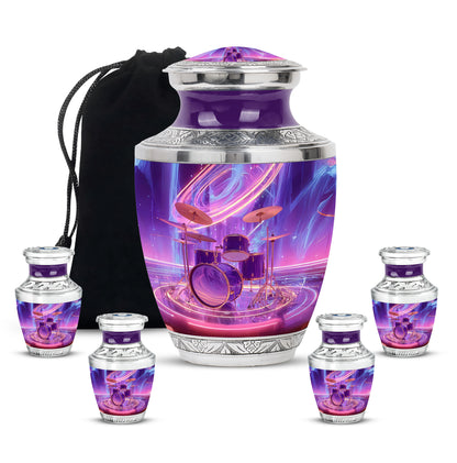 Amethyst Purple Drums Cremation Urn lifestyle display on memorial shelf - modern art-inspired drums motif on sleek aluminum - memorial set with one large and four small urns