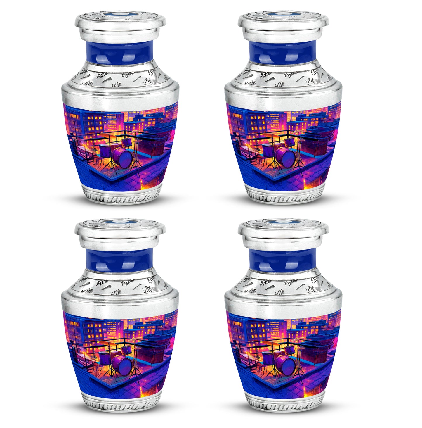 Lavender Purple Drums Cremation Urn back view with polished surface - artistic drums interpretation with creative detail - 10 inch aluminum urn for cremated remains