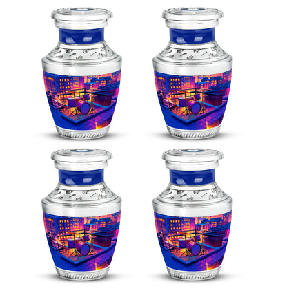 Lavender Purple Drums Cremation Urn back view with polished surface - artistic drums interpretation with creative detail - 10 inch aluminum urn for cremated remains