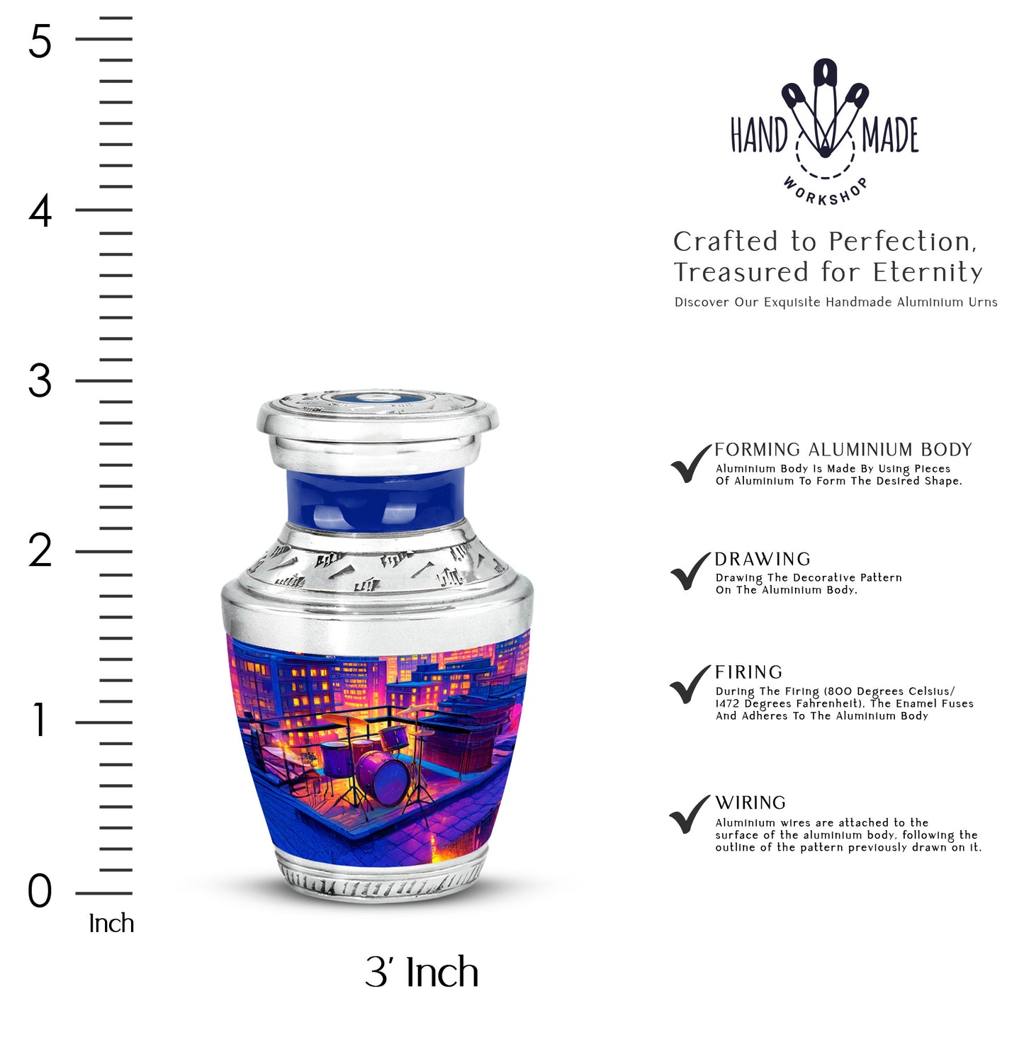 Grape Purple Drums Cremation Urn top-down view of secure threaded lid - artistic drums interpretation with creative detail - mini keepsake memorial for portion of cremation ashes